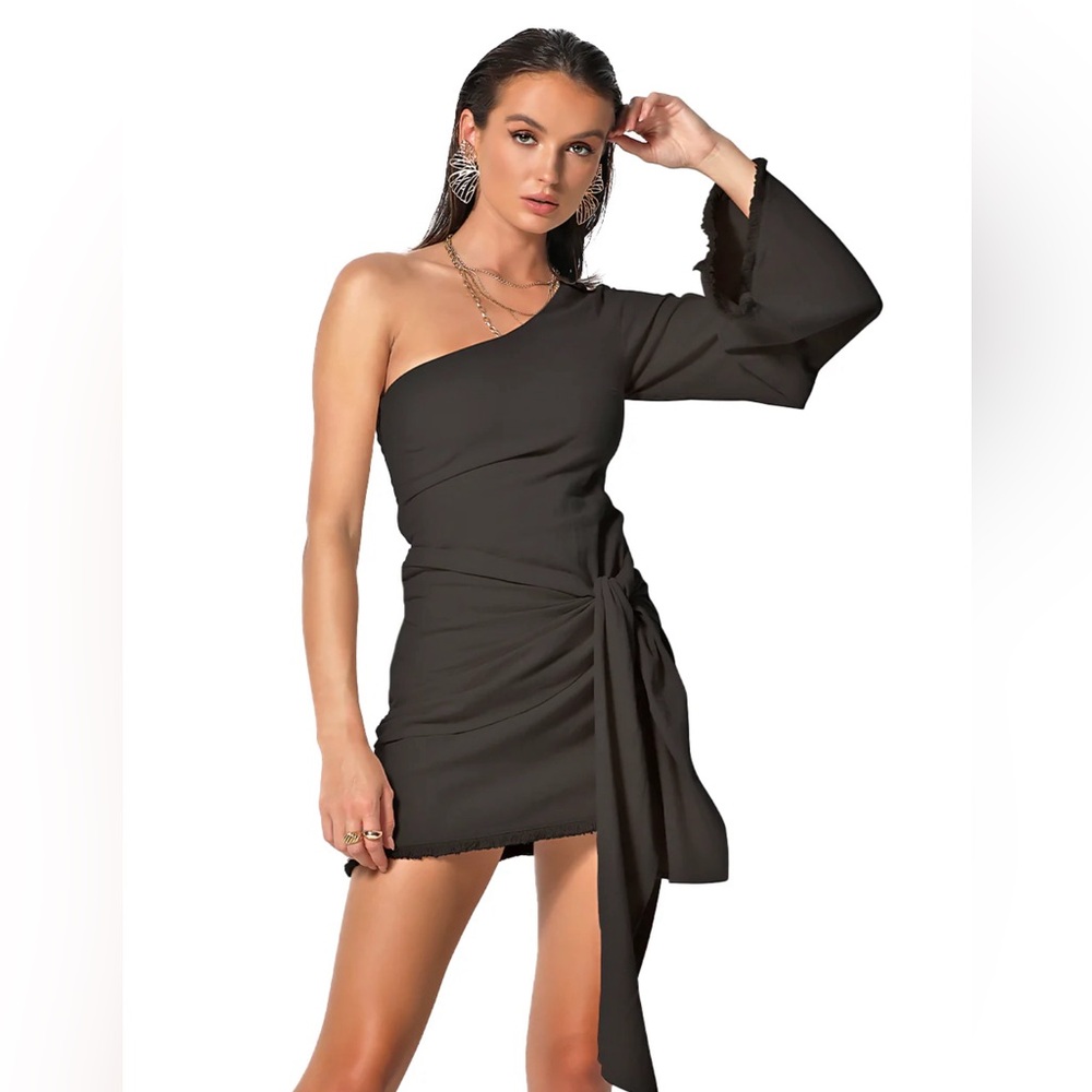 Black one shoulder mini wrap dress fringe trim